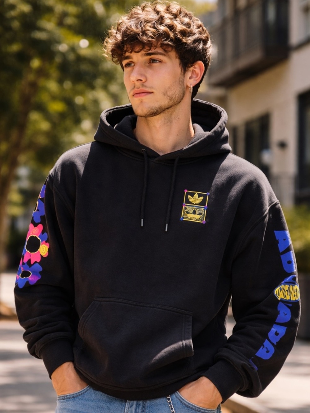Adidas Originals Graphic Hoodie – Black | Trippy Retro Streetwear | Size S